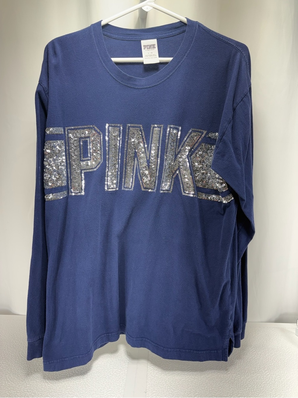 PINK Victoria's Secret Navy Long Sleeve Sequin Logo Tee 4591